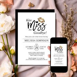 Small Modern Kiss Miss Goodbye Gold Lips Bridal Shower Invitation Front View