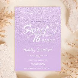 Small Modern Lavender Glitter Ombre Purple Sweet 16 Invitation Front View