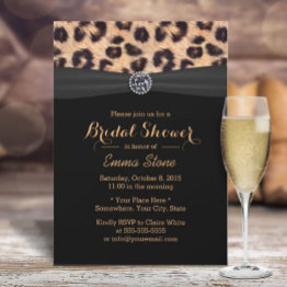 Small Modern Leopard Black Ribbon Diamond Bridal Shower Invitation Front View