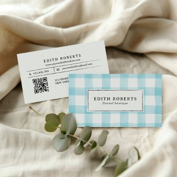 modern light blue watercolor buffalo plaid qr code business invitations