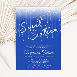Small Modern Lights Royal Blue Sweet 16 Invitation Front View