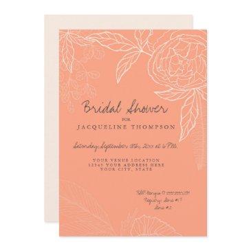 modern line art blush peach floral peony bridal invitation