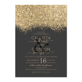 Small Modern Luxury Gold Black Glitter Confetti Wedding Invitation Front View