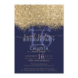 Small Modern Luxury Gold Navy Glitter Confetti Sweet 16 Invitation Front View