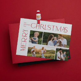 Small Modern Merry Christmas 4 Photo Red Typography Holiday Invitations Front View