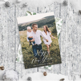 Small Modern Minimal 1 Photo Elegant Script New Year Holiday Invitations Front View