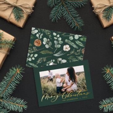 modern minimal foliage photo script elegant green foil holiday invitations