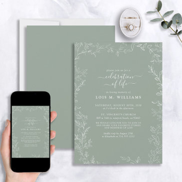 modern minimal leaf sage green celebration of life invitation