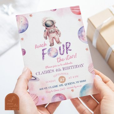 modern minimalist astronaut girl's 4th birthday invitation