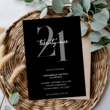 modern minimalist black and white 21st birthday invitation