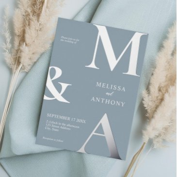 modern minimalist dusty blue monogram wedding foil invitation