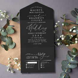 Small Modern Minimalist Elegant White Black Wedding All In One Invitation Front View