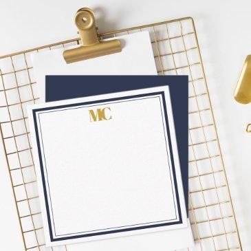 modern minimalist monogram border navy blue gold note invitations