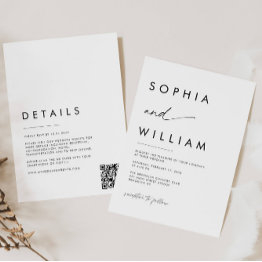 Small Modern Minimalist Script Details Qr Code Wedding Invitation Front View
