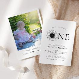 Small Modern Minimalist Sunflower 1st Birthday Photo Invitation Front View