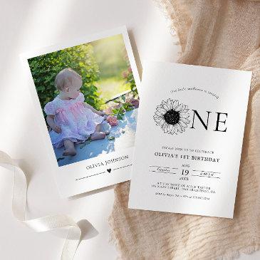 modern minimalist sunflower 1st birthday photo invitation