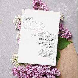 Small Modern Minimalist Typography Wedding White Silver Foil Invitation Front View