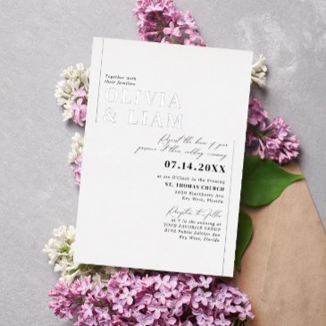 modern minimalist typography wedding white silver foil invitation