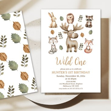 modern moose woodland wild one 1st birthday invitation