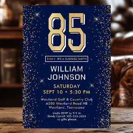 Small Modern Navy Blue 85th Birthday Surprise Party Invitation Front View