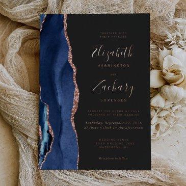 modern navy blue rose gold agate wedding foil invitation