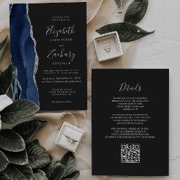 Small Modern Navy Blue Silver Agate Dark Qr Code Wedding Invitation Front View