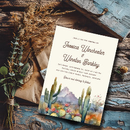 Small Modern Neutral Desert Cactus Landscape Wedding Invitation Front View