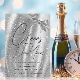 Small Modern New Years Eve Silver Sparkle Sequin Bow Invitation Front View
