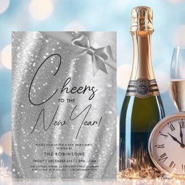 modern new years eve silver sparkle sequin bow invitation