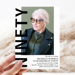 Small Modern Ninety Photo 90th Birthday Party Invitation Front View