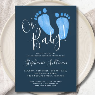 modern oh baby boy navy blue baby shower invitation