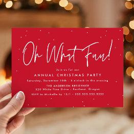 Small Modern Oh What Fun Script Red Holiday Party Invitation Front View