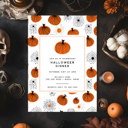 Small Modern Orange Black Pumpkin Halloween Dinner Party Invitation Front View