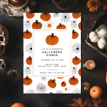 modern orange black pumpkin halloween dinner party invitation