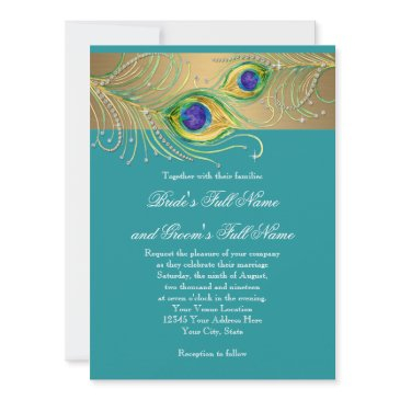 modern peacock feathers faux jewel scroll swirl invitation