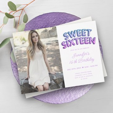 modern photo purple blue white balloons sweet 16 invitation