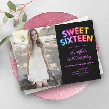 modern photo rainbow black balloons sweet 16 invitation