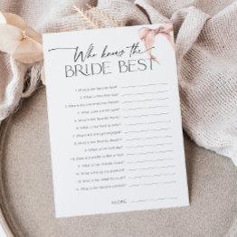 Small Modern Pink Bow Who Knows The Bride Best Game Invitation Front View