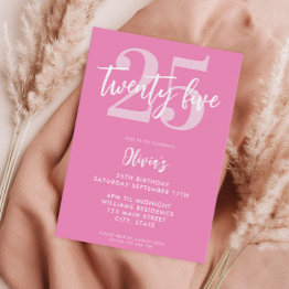 Small Modern Pink Elegant 25th Birthday Invitation Front View