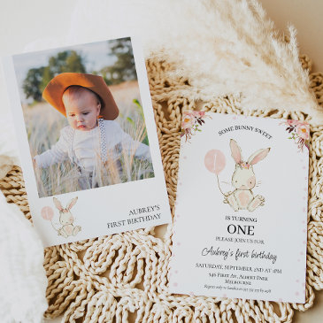 modern pink floral white bunny 1st birthday invitation