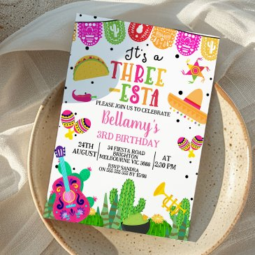 modern pink girls three-esta fiesta 3rd birthday invitation
