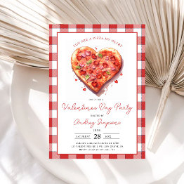 Small Modern Pink Heart Pizza Plaid Valentines Party Invitation Front View