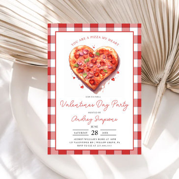 modern pink heart pizza plaid valentines party invitation