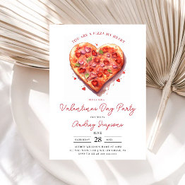 Small Modern Pink Heart Pizza Valentines Party Invitation Front View