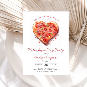 modern pink heart pizza valentines party invitation