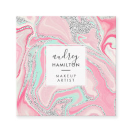 Small Modern Pink Marble Silver Elegant Makeup Artist Square Business Invitations Front View