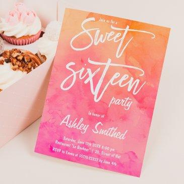 modern pink orange watercolor typography sweet 16 invitation