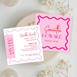 Small Modern Pink & Red Retro Style Makeup Artist Beauty Square Business Invitations Front View