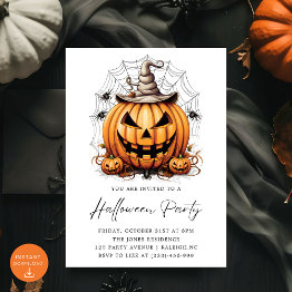 Small Modern Pumpkin Spiders Adult Halloween Party Invitation Front View