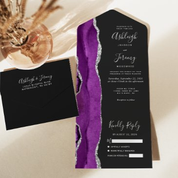 modern purple silver agate dark wedding all in one invitation